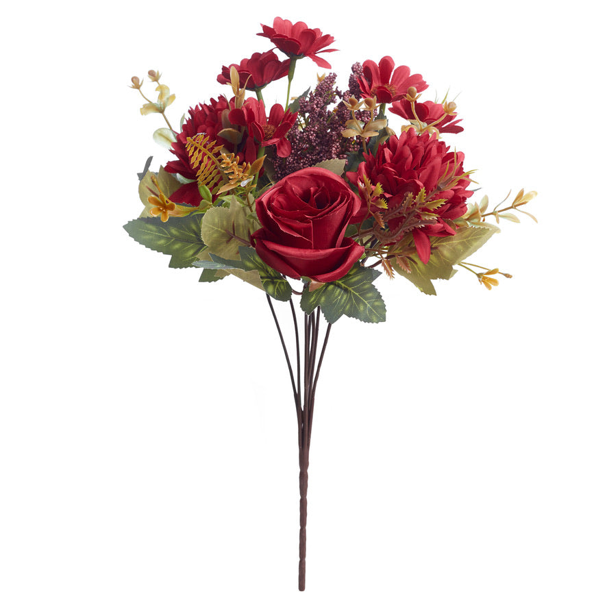 Mixed Artificial Silk Flower Bouquet - Rose, Dandelion, Daisy & Foliage (Mulberry)