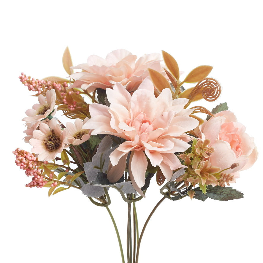 Mixed Artificial Silk Flower Bouquet - Peonies, Dahlia Roses, Daises & Foilage (Strawberry Pink)
