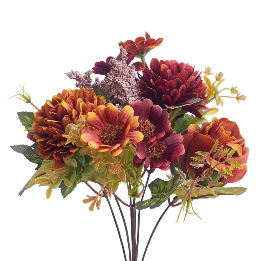 Mixed Artificial Silk Flower Bouquet - Rose, Dandelion, Daisy & Foliage (Orange Coffee)