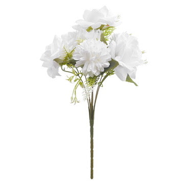 Mixed Artificial Silk Flower Bouquet - Modern Rose, Dandelions & Foliage (Frost White)