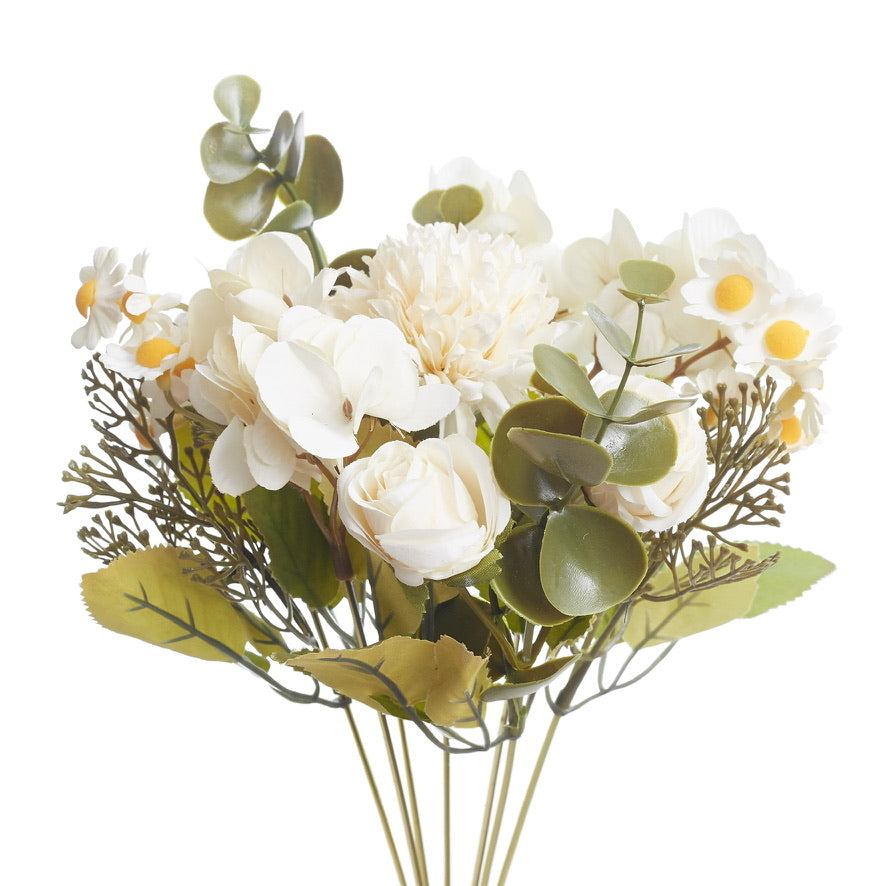 Mixed Artificial Silk Flower Bouquet - Rose, Dandelion, Hydrangea, Daisy, Eucalyptus & Foilage (Cream White)