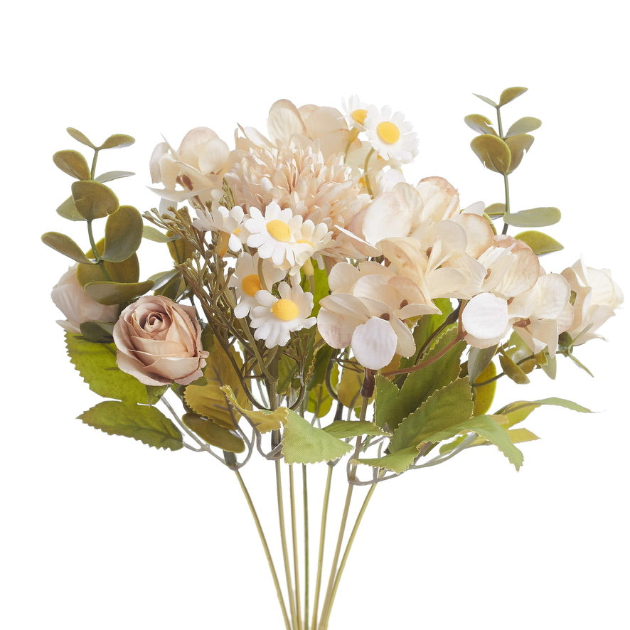 Mixed Artificial Silk Flower Bouquet - Rose, Dandelion, Hydrangea, Daisy, Eucalyptus & Foilage (Café Latte)