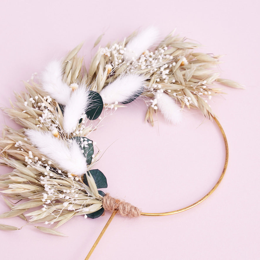 Dried Flower Ring (10cm with stem) (Oats & Eucalyptus - White)