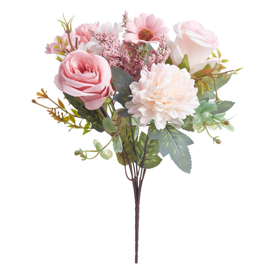 Mixed Artificial Silk Flower Bouquet - Rose, Dandelion, Daisy & Foliage (Pink Sortbet)
