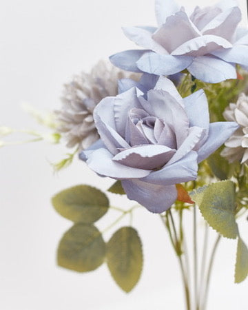 Mixed Artificial Silk Flower Bouquet - Modern Rose, Dandelions & Foliage (Dusty Blue)