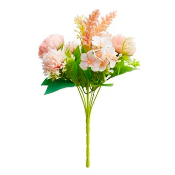 Silk Artificial Flower Bouquet - Philippine Roses, Peonies, Dandelion Flower Balls & Foliage (Coral Pink)