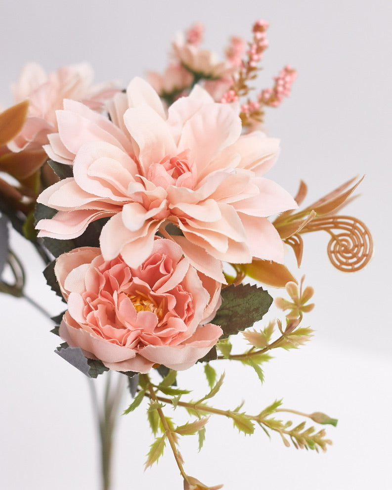 Mixed Artificial Silk Flower Bouquet - Peonies, Dahlia Roses, Daises & Foilage (Strawberry Pink)