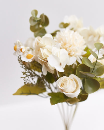 Mixed Artificial Silk Flower Bouquet - Rose, Dandelion, Hydrangea, Daisy, Eucalyptus & Foilage (Cream White)