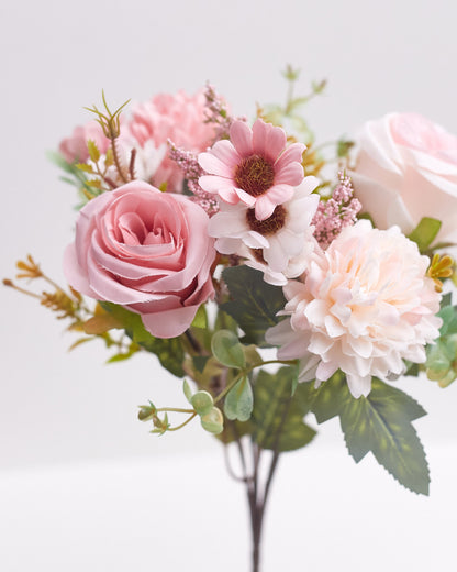 Mixed Artificial Silk Flower Bouquet - Rose, Dandelion, Daisy & Foliage (Pink Sortbet)