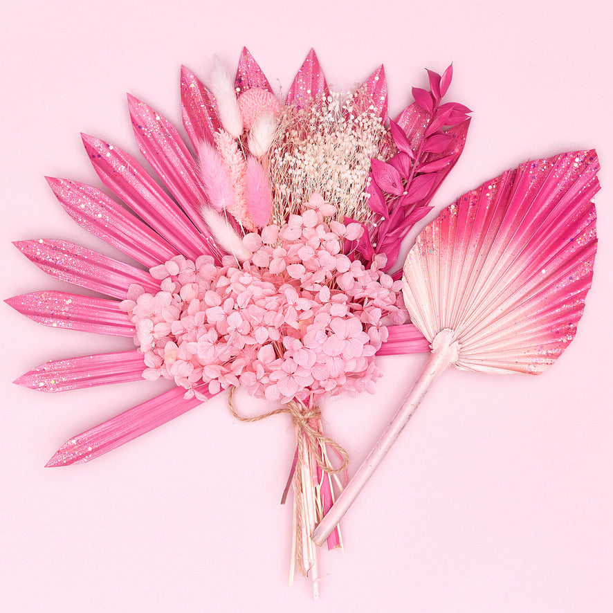 Dried Sun Palm Bouquets (with Palm Spear) (Hot Pink Glitter)