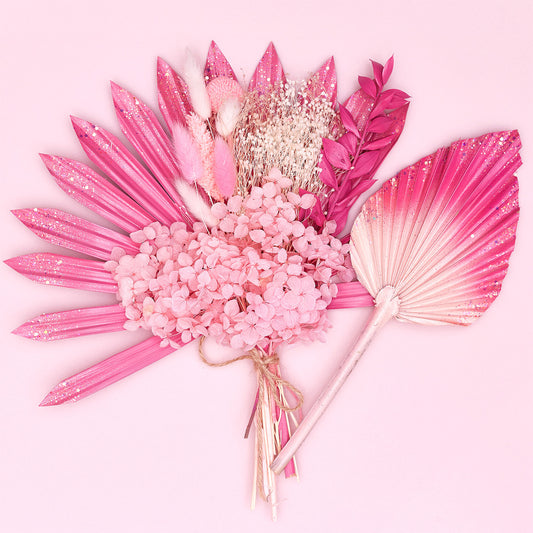 Dried Sun Palm Bouquets (with Palm Spear) (Hot Pink Glitter)
