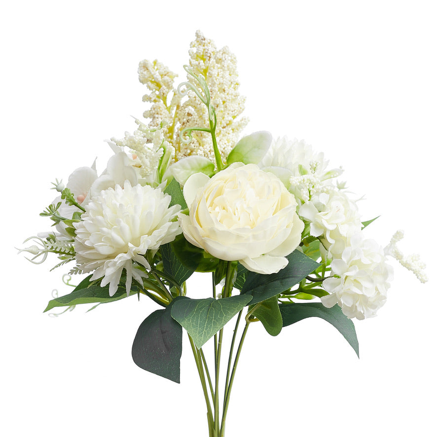 Silk Artificial Flower Bouquet - Philippine Roses, Peonies, Dandelion Flower Balls & Foliage (Cream White)