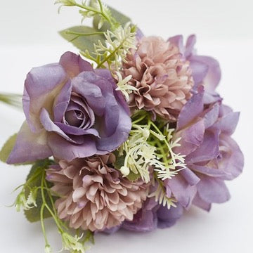Mixed Artificial Silk Flower Bouquet - Modern Rose, Dandelions & Foliage (Lilac)