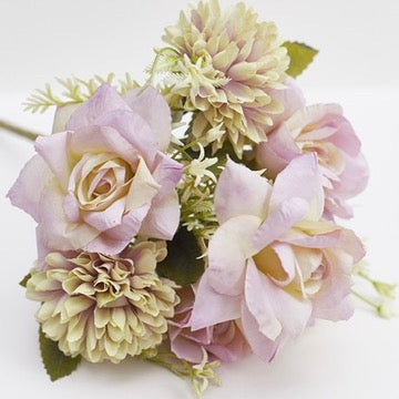 Mixed Artificial Silk Flower Bouquet - Modern Rose, Dandelions & Foliage (Lilac & Sage)