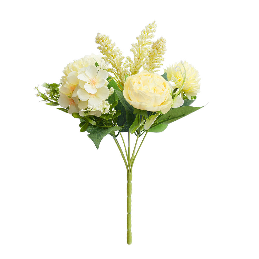 Silk Artificial Flower Bouquet - Philippine Roses, Peonies, Dandelion Flower Balls & Foliage (Lemon)