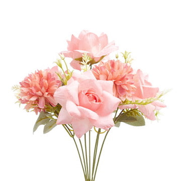 Mixed Artificial Silk Flower Bouquet - Modern Rose, Dandelions & Foliage (Sweet Pink)