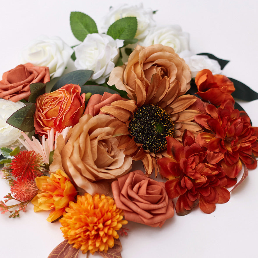 Silk Flower Bags with Foliage (White, Orange & Burnt Orange)