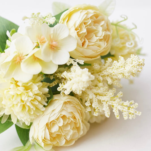 Silk Artificial Flower Bouquet - Philippine Roses, Peonies, Dandelion Flower Balls & Foliage (Lemon)