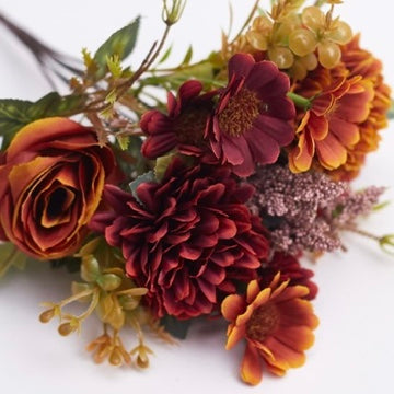 Mixed Artificial Silk Flower Bouquet - Rose, Dandelion, Daisy & Foliage (Orange Coffee)