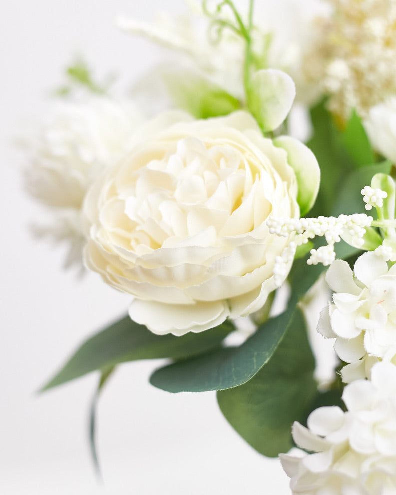 Silk Artificial Flower Bouquet - Philippine Roses, Peonies, Dandelion Flower Balls & Foliage (Cream White)