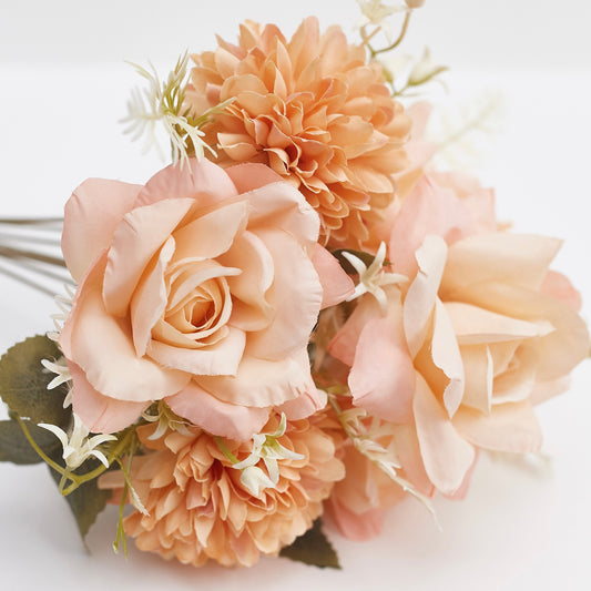 Mixed Artificial Silk Flower Bouquet - Modern Rose, Dandelions & Foliage (Light Orange)