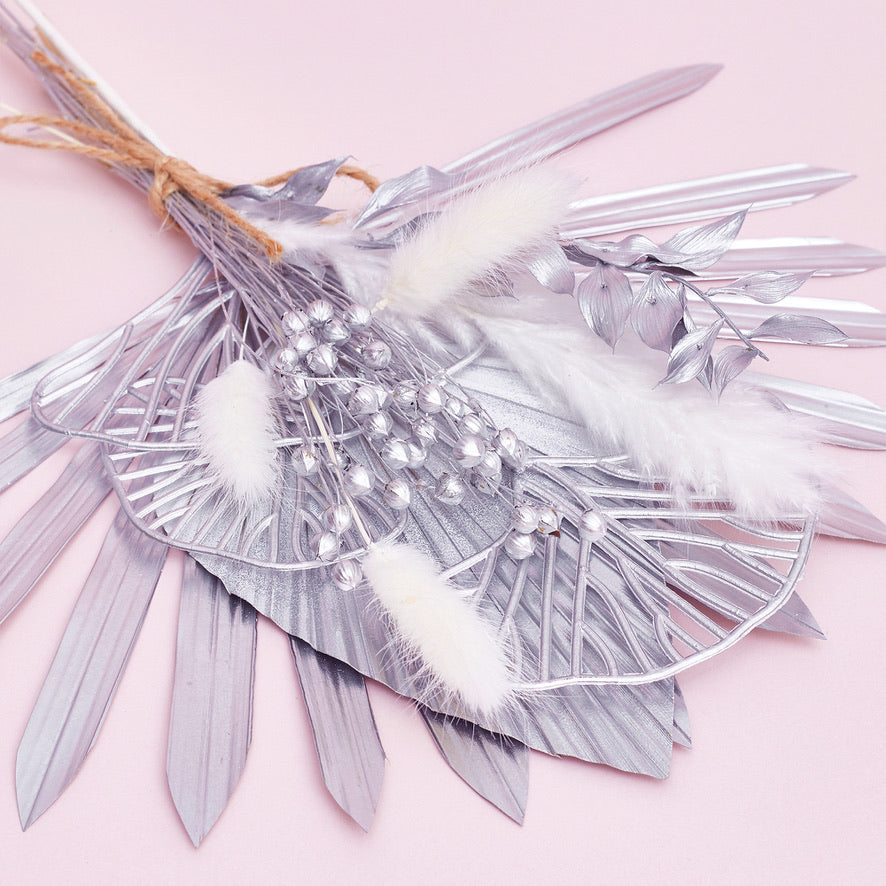 Dried Sun Palm Bouquets (with Palm Spear & Gingko Leaves) (White & Silver Set)