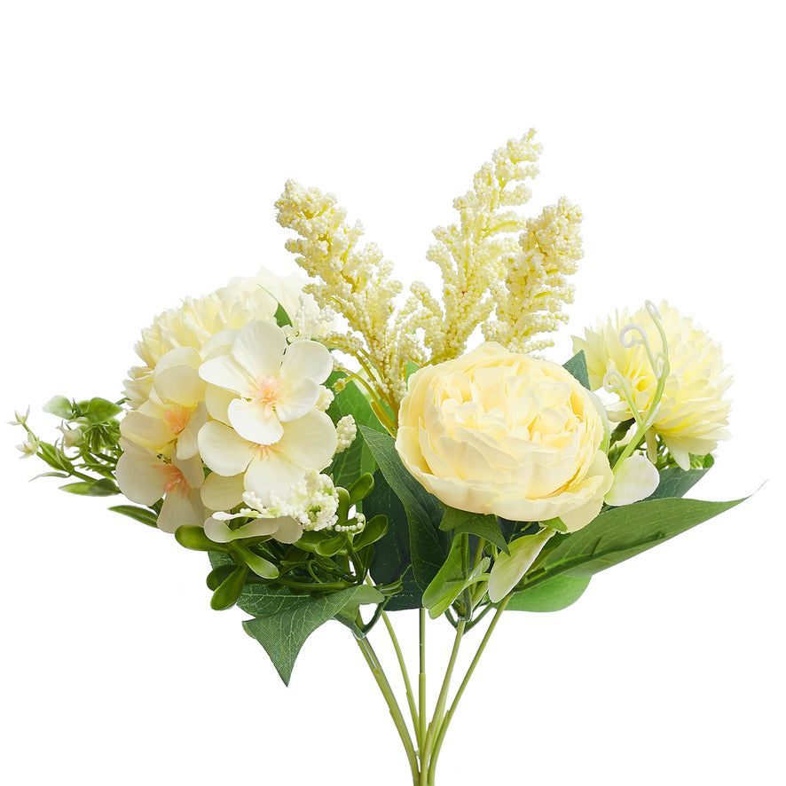 Silk Artificial Flower Bouquet - Philippine Roses, Peonies, Dandelion Flower Balls & Foliage (Lemon)