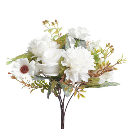 Mixed Artificial Silk Flower Bouquet - Rose, Dandelion, Daisy & Foliage (Cool White)
