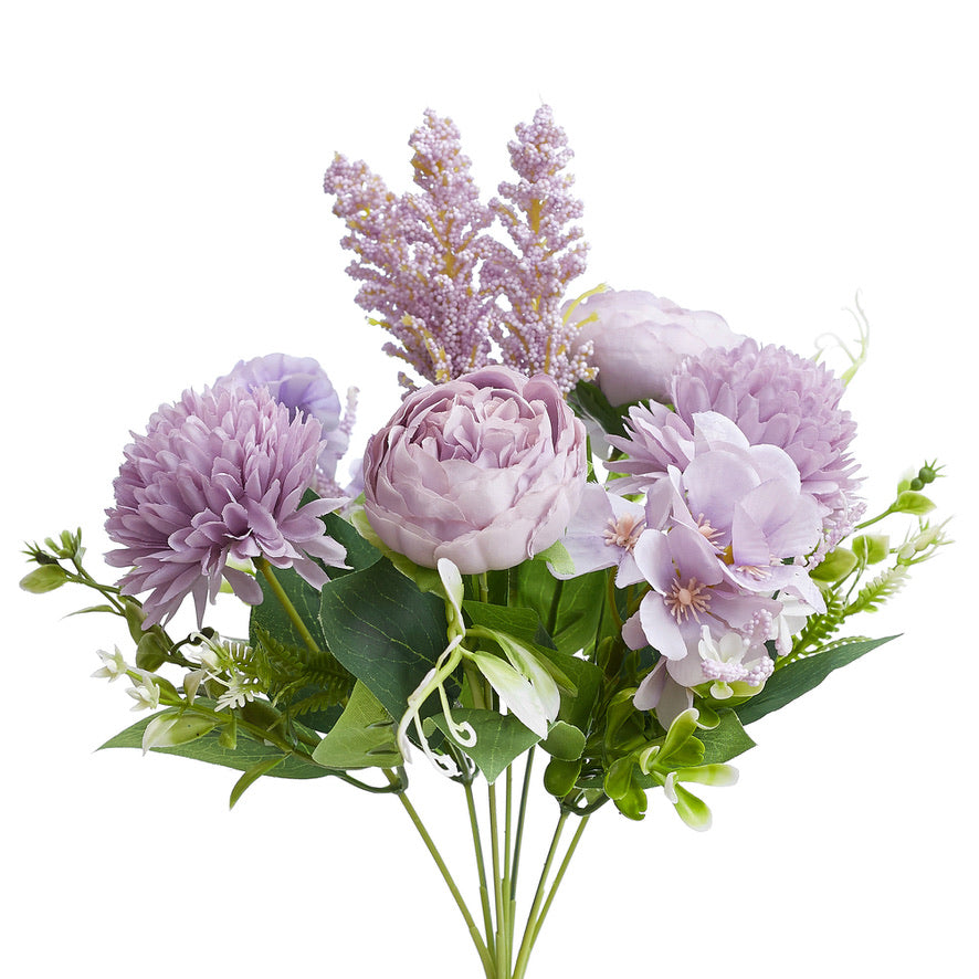 Silk Artificial Flower Bouquet - Philippine Roses, Peonies, Dandelion Flower Balls & Foliage (Lavender)