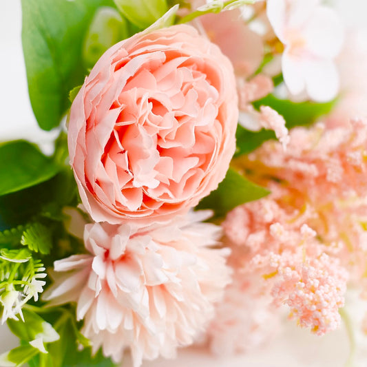 Silk Artificial Flower Bouquet - Philippine Roses, Peonies, Dandelion Flower Balls & Foliage (Coral Pink)
