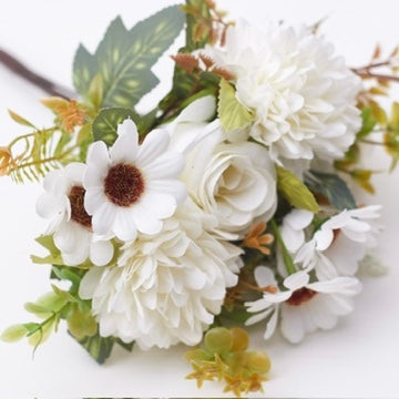 Mixed Artificial Silk Flower Bouquet - Rose, Dandelion, Daisy & Foliage (Cool White)