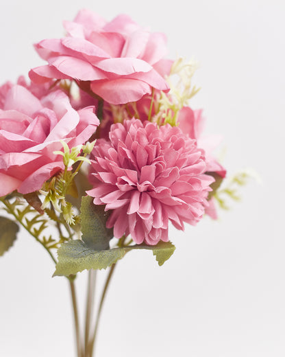 Mixed Artificial Silk Flower Bouquet - Modern Rose, Dandelions & Foliage (Rose Pink)