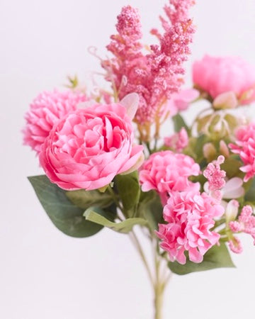 Silk Artificial Flower Bouquet - Philippine Roses, Peonies, Dandelion Flower Balls & Foliage (Hot Pink)