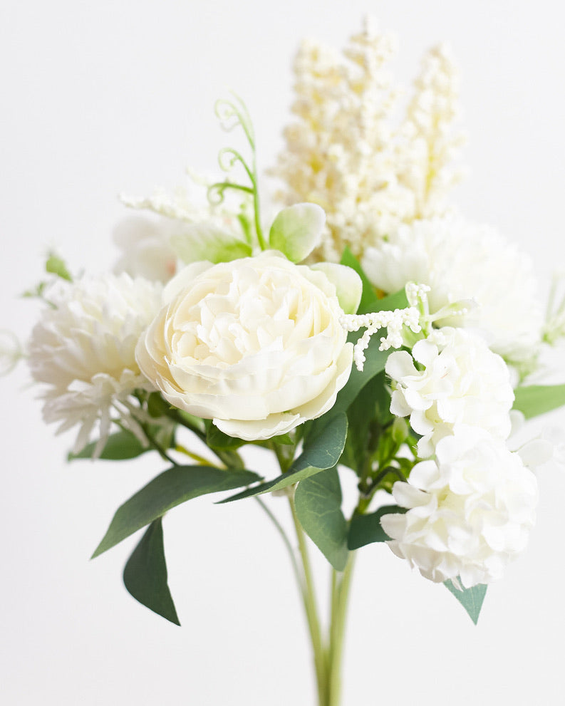 Silk Artificial Flower Bouquet - Philippine Roses, Peonies, Dandelion Flower Balls & Foliage (Cream White)