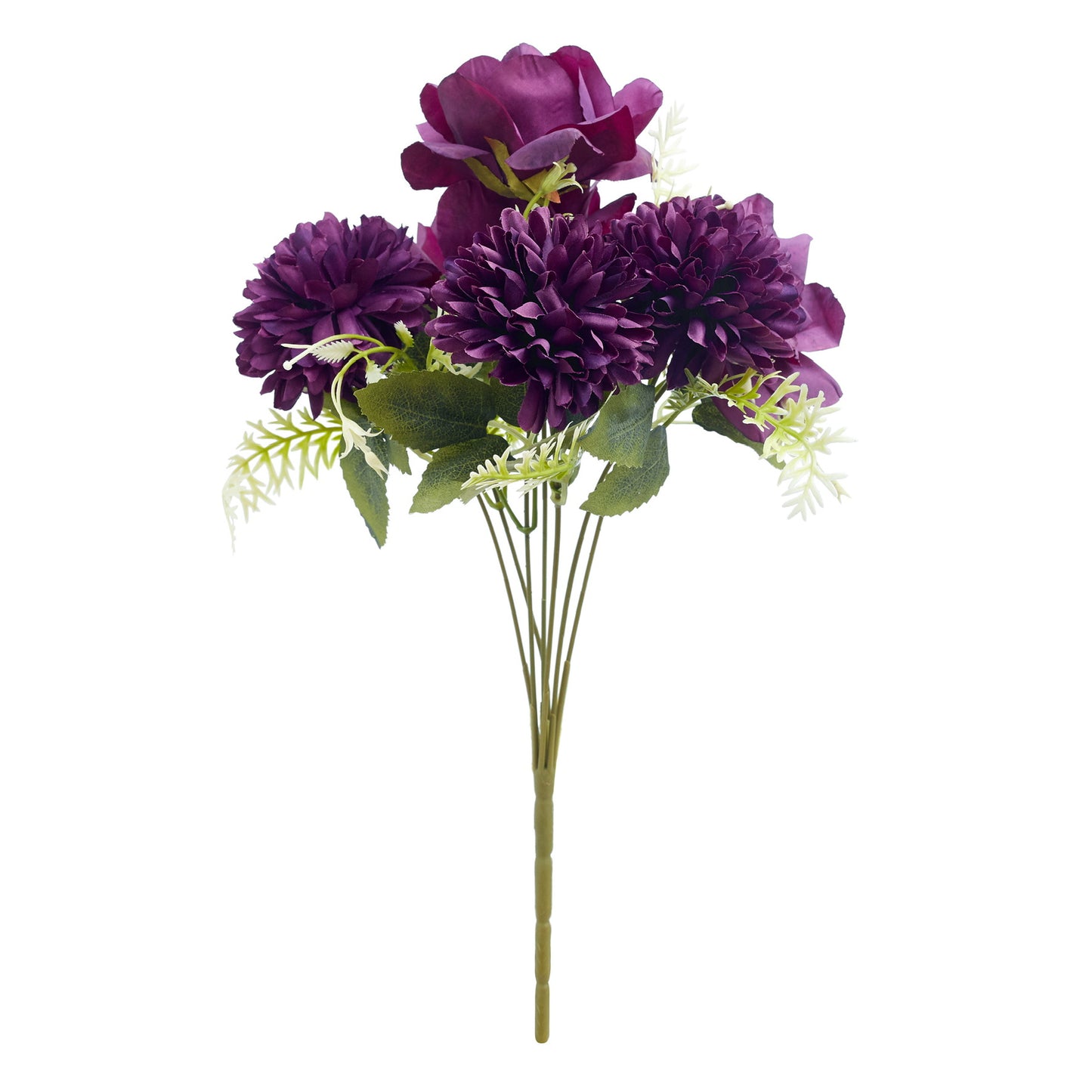 Mixed Artificial Silk Flower Bouquet - Modern Rose, Dandelions & Foliage (Dark Berry)