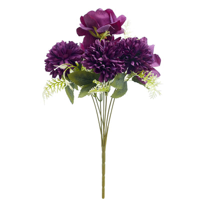 Mixed Artificial Silk Flower Bouquet - Modern Rose, Dandelions & Foliage (Dark Berry)