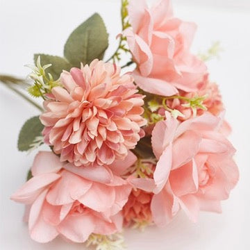 Mixed Artificial Silk Flower Bouquet - Modern Rose, Dandelions & Foliage (Sweet Pink)