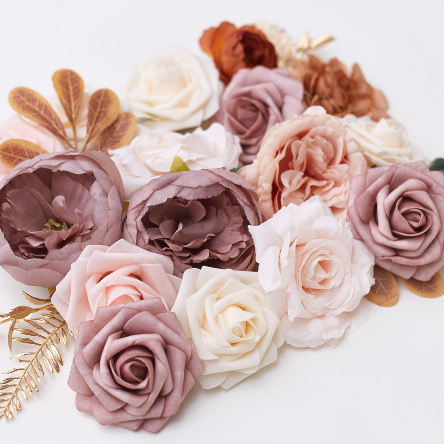 Silk Flower Bags with Foliage (Cream, Pink, Peach, Mauve & Gold)