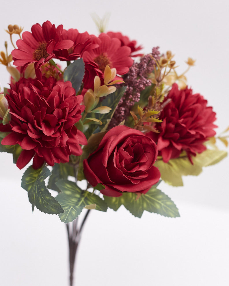 Mixed Artificial Silk Flower Bouquet - Rose, Dandelion, Daisy & Foliage (Mulberry)