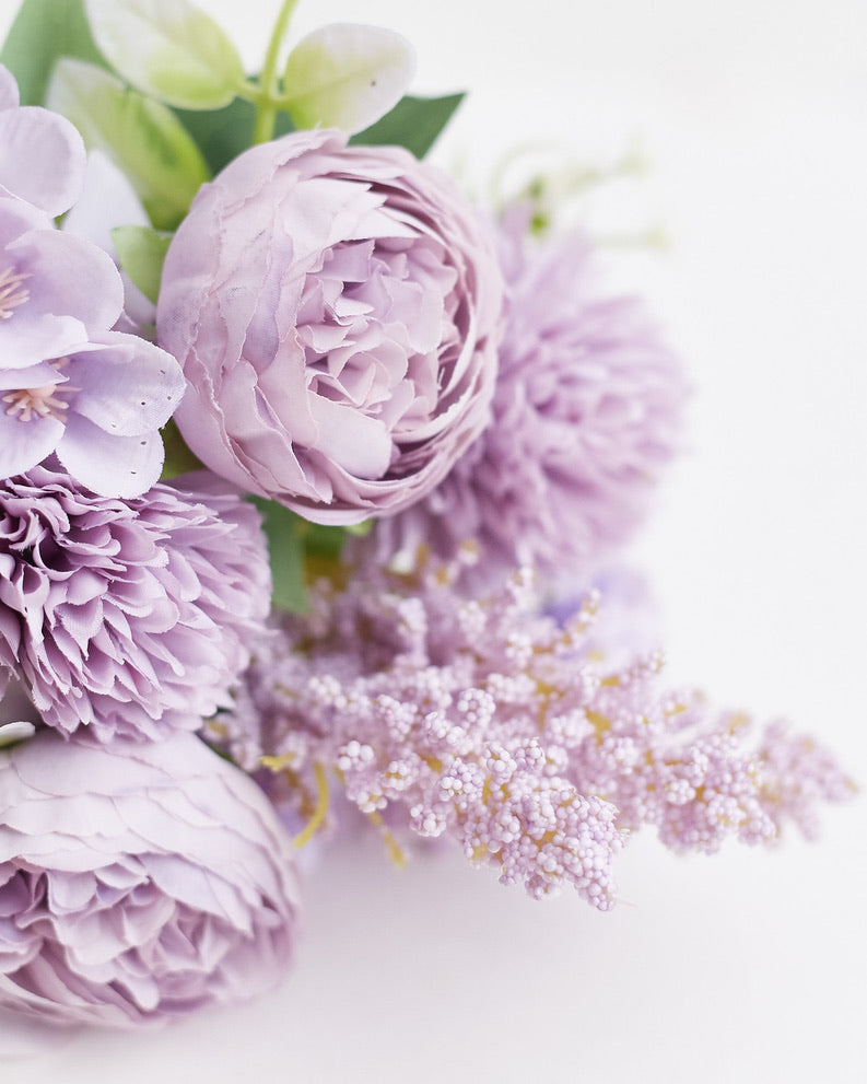 Silk Artificial Flower Bouquet - Philippine Roses, Peonies, Dandelion Flower Balls & Foliage (Lavender)