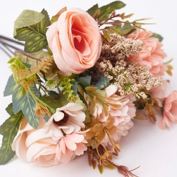 Mixed Artificial Silk Flower Bouquet - Rose, Dandelion, Daisy & Foliage (Peach Blossom)