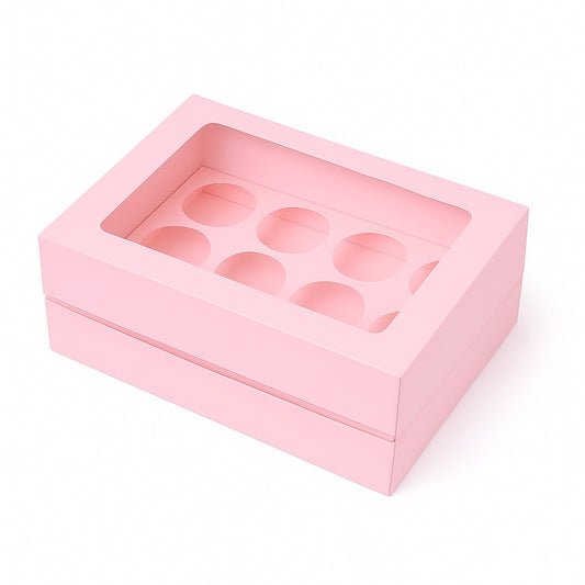 Pink Tall Cupcake Boxes with Extension Piece – Pack of 5 (12 Holes)