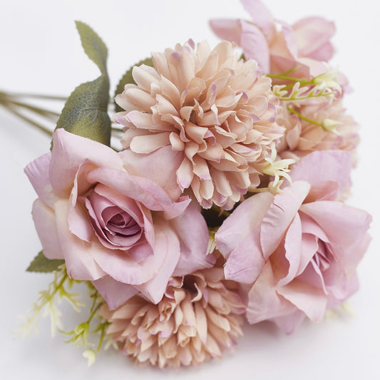 Mixed Artificial Silk Flower Bouquet - Modern Rose, Dandelions & Foliage (Lilac & Cream)