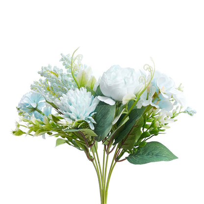 Silk Artificial Flower Bouquet - Philippine Roses, Peonies, Dandelion Flower Balls & Foliage (Cool Blue)