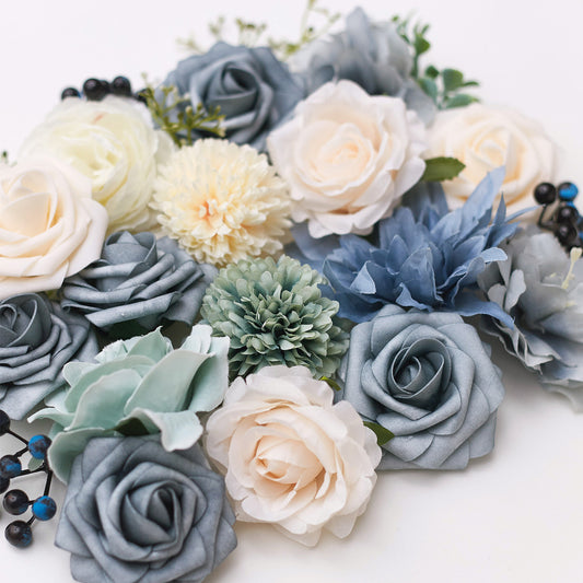 Silk Flower Bags with Foliage (Blue, White & Cream)