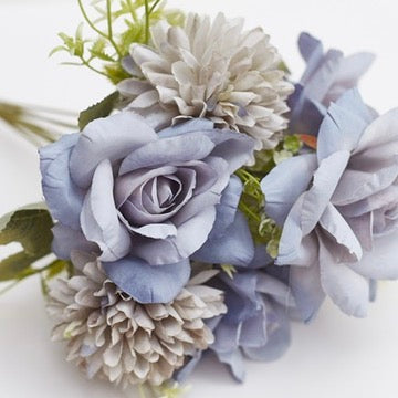 Mixed Artificial Silk Flower Bouquet - Modern Rose, Dandelions & Foliage (Dusty Blue)