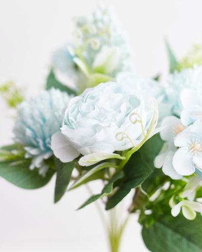 Silk Artificial Flower Bouquet - Philippine Roses, Peonies, Dandelion Flower Balls & Foliage (Cool Blue)