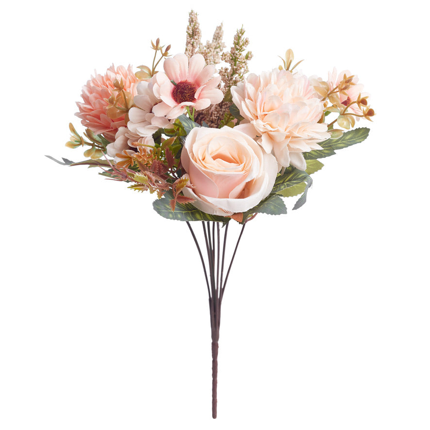 Mixed Artificial Silk Flower Bouquet - Rose, Dandelion, Daisy & Foliage (Peach Blossom)