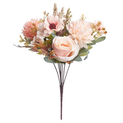 Mixed Artificial Silk Flower Bouquet - Rose, Dandelion, Daisy & Foliage (Peach Blossom)