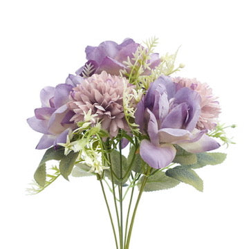 Mixed Artificial Silk Flower Bouquet - Modern Rose, Dandelions & Foliage (Lilac)
